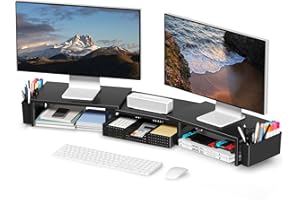 OPNICE Desk Organizers and Accessories, Dual Monitor Stand Riser with Drawer and 2 Pen Holders, Desk Shelf Metal Computer Racks for Office Workspace Organizers, Desktop Organization (Black)