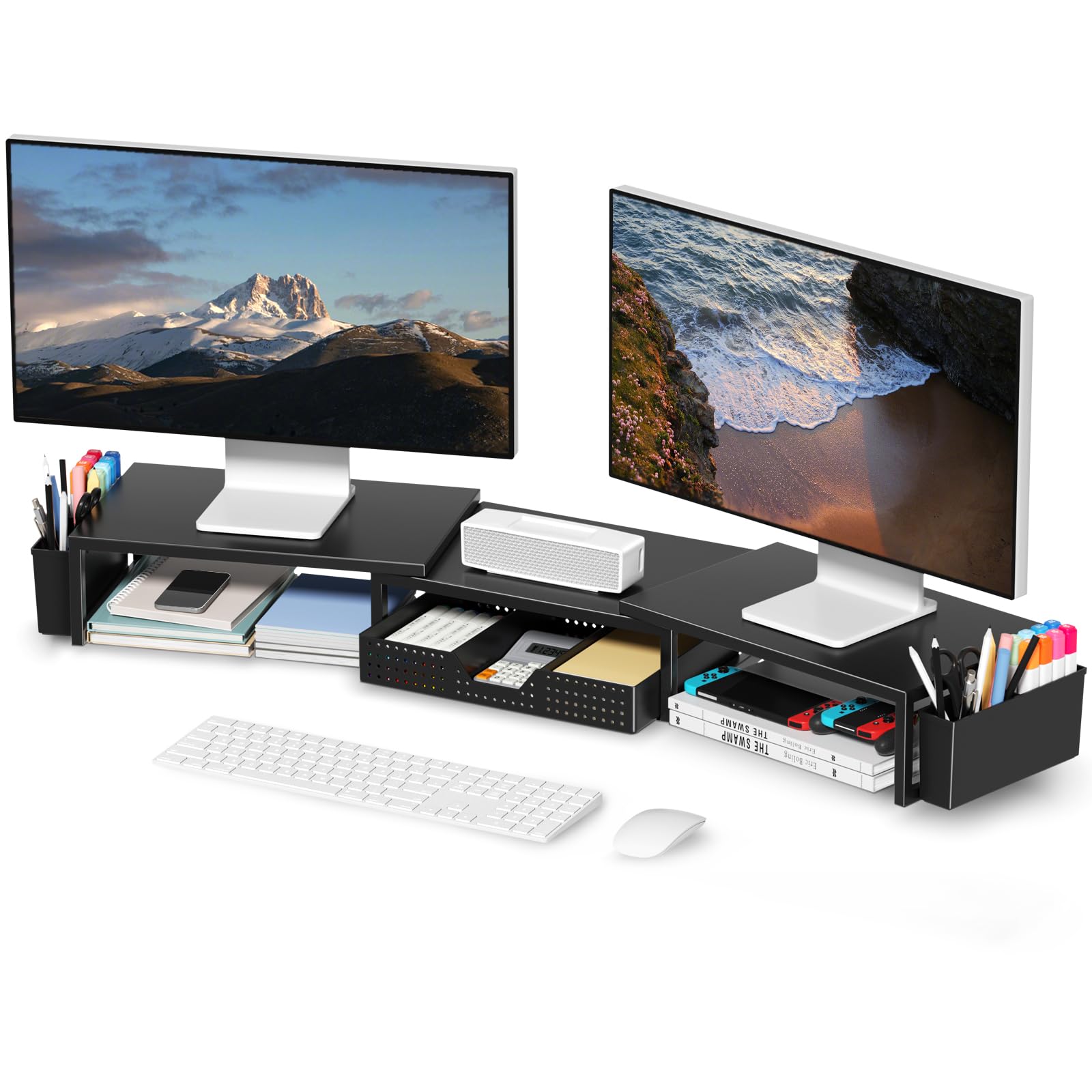 Photo 1 of OPNICE Desk Organizers and Accessories, Dual Monitor Stand Riser with Drawer and 2 Pen Holders, Desk Shelf Metal Computer Monitor Stand for Office Workspace Organizers, Desktop Organization (Black)