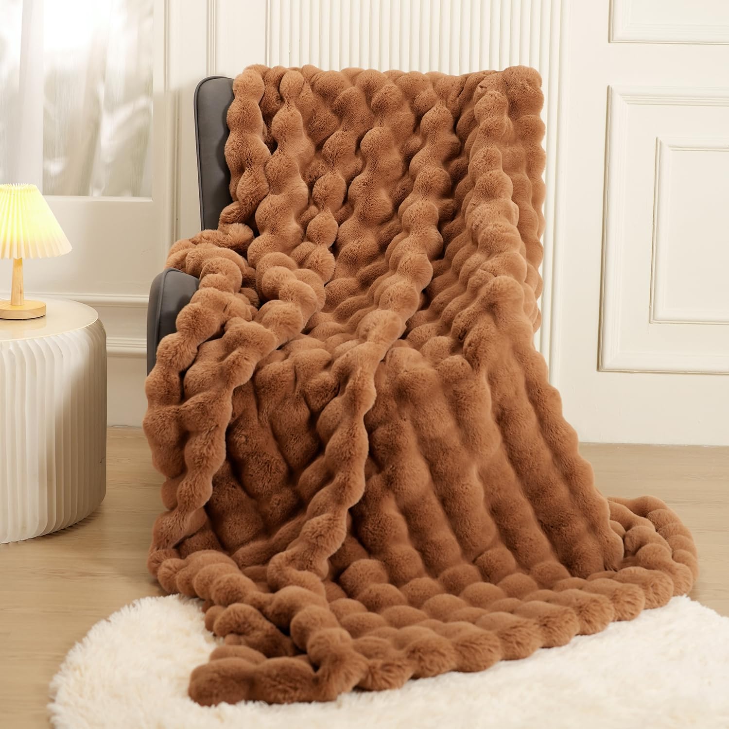 Photo 1 of (USED/FAIR) Super Comfort Oversized Warm Thick Bubble Luxury Plush Rabbit Faux Fur Throw Blanket, Fluffy Blanket,Soft Cozy Blanket for Couch Chair Bed Sofa Living Room,Brown 60'' x 80''