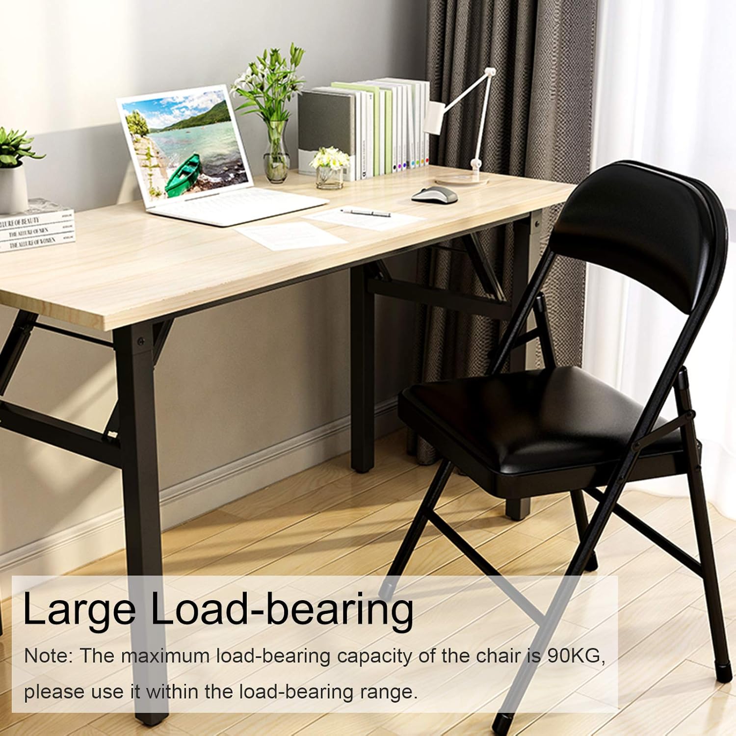 Black Folding Chairs with Padded Seats YJHome Metal Folding Chairs 2 Pack Portable Foldable Dining Chairs Home Office Student Study Chair 200 lbs Weight Capacity for Kids Desk Indoor Bedroom Room: Kitchen & Dining