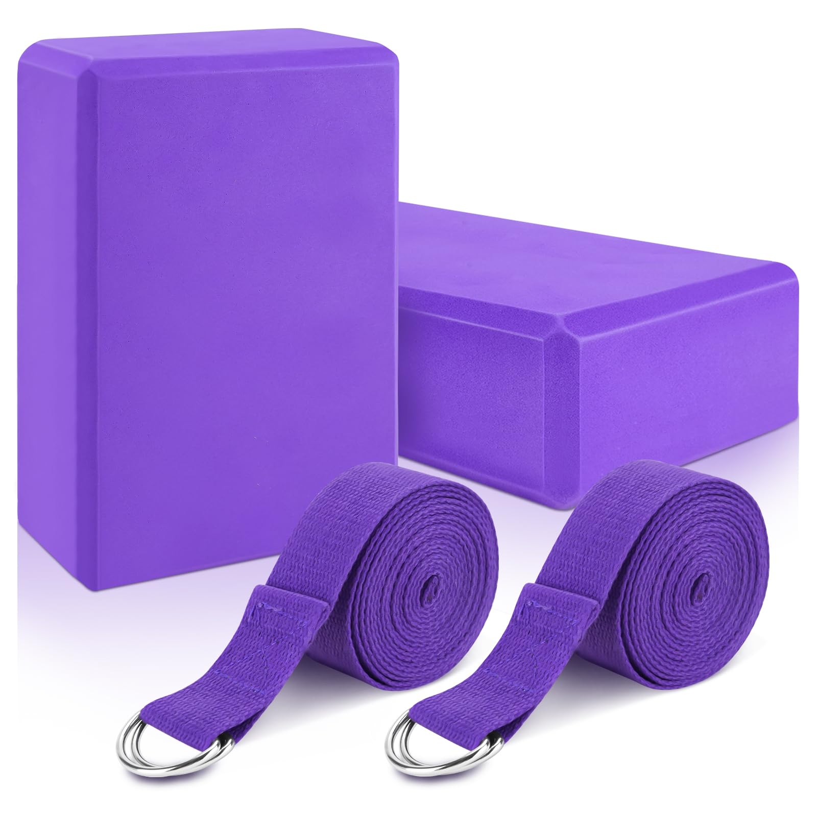 RETON Yoga Blocks Set of 2 With Strap, High Density Purple Block, Lightweight EVA Foam Brick, Anti-Slip for Pilates, Stretching, Improve Flexibility - Includes 2 Straps