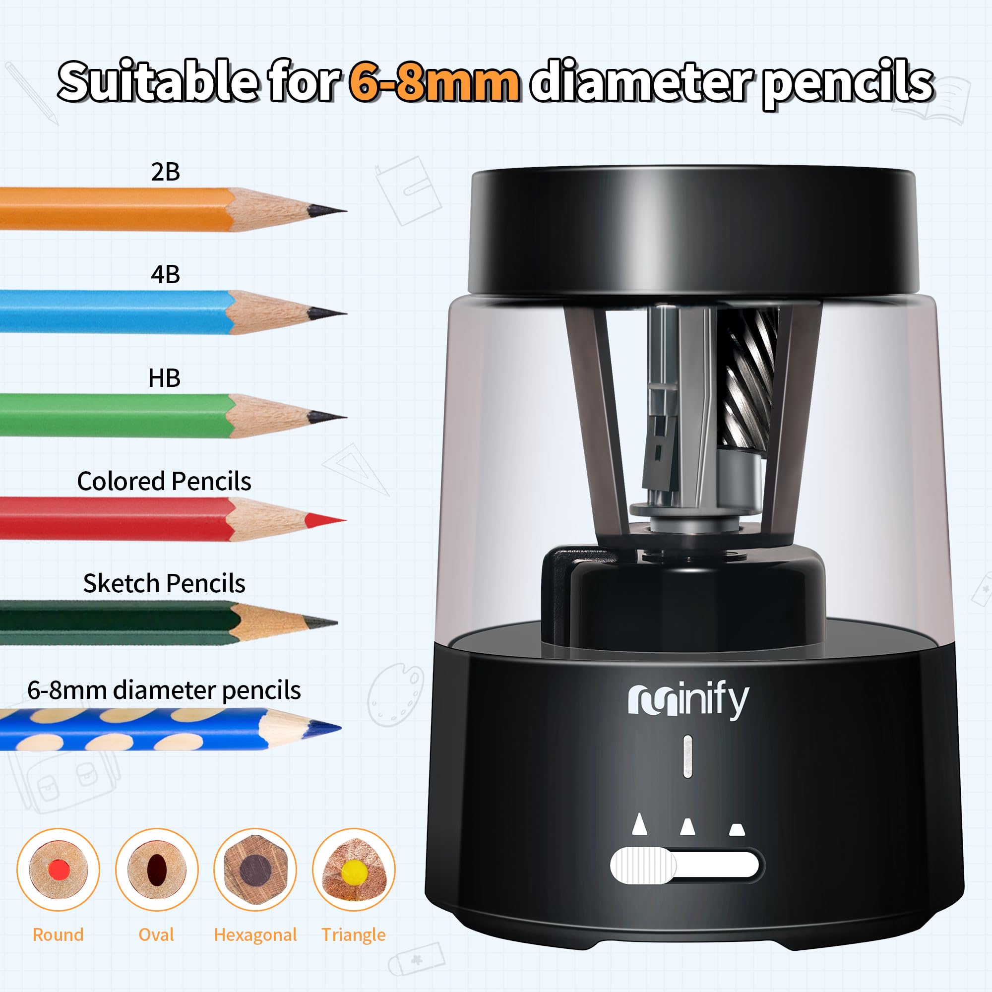 Pencil Sharpener Electric Pencil Sharpener Heavy Duty Blade Rechargeable Battery Powered Pencil Sharpeners for 6-8mm Colored Pencils Auto Stop Fast Sharpen in 3s (Black)