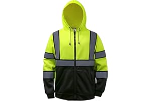 DPSAFETY High visibility Hoodie for Men,Class3 Hi Vis Hoodie with Zipper,Reflective Hooded Hood,Construction work Safety Sweatshirt with Large front Pocket for Men/Women Black Bottom，Large