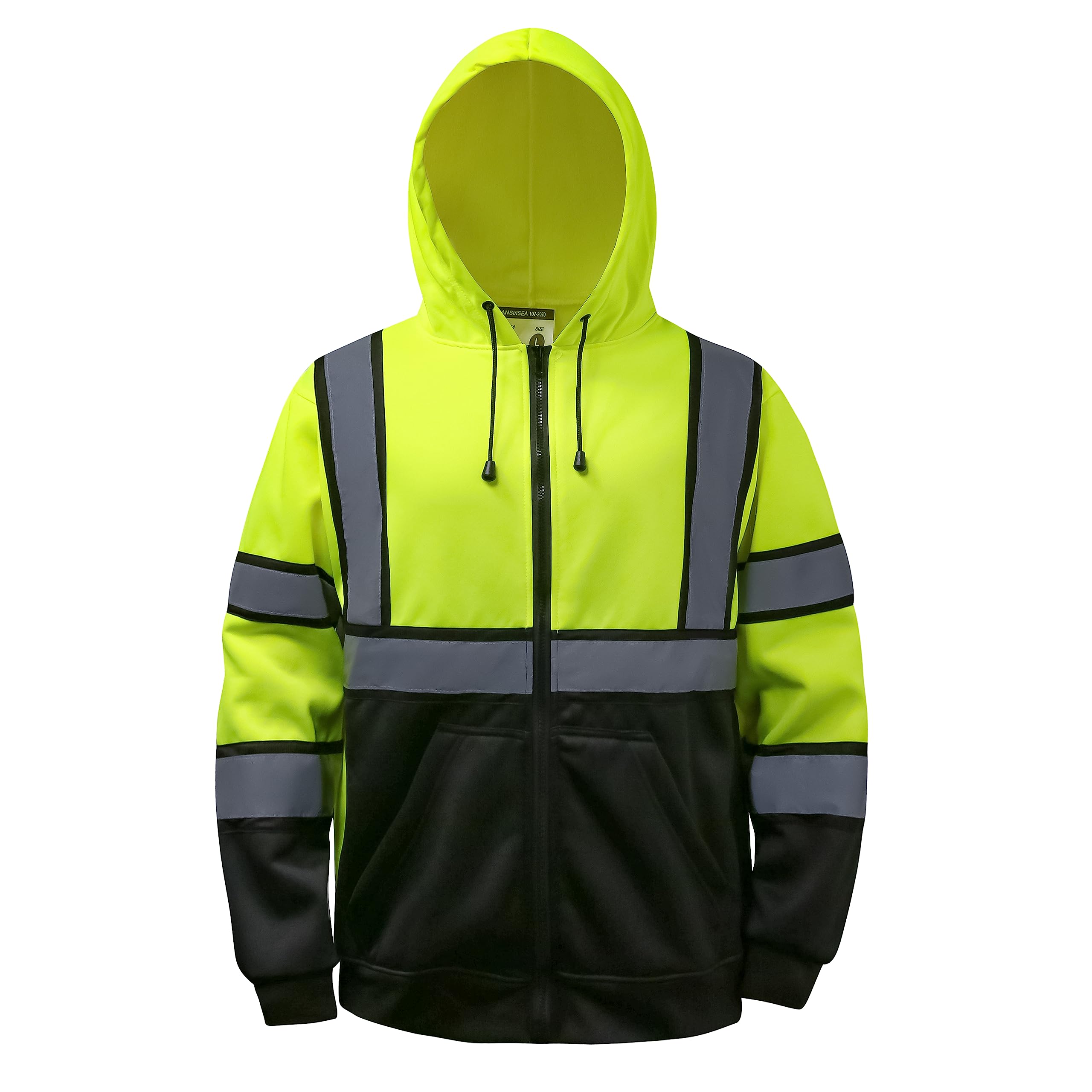 Photo 1 of DPSAFETY High visibility Hoodie for Men,Class3 Hi Vis Hoodie with Zipper,Reflective Hooded Hood,Construction work Safety Sweatshirt with Large front Pocket for Men/Women Black Bottom?XL