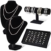 Wenqik 4pcs Velvet Jewelry Display Set 2 Necklace Chain for Vendors T-bar Bracelet Holder Ring Tray for Showcase Jewelry Displays Supplies(Black)