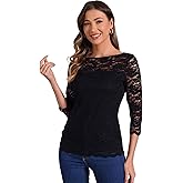Allegra K Floral Lace Top for Women's 3/4 Sleeve Crew Neck Casual Elegant Blouse
