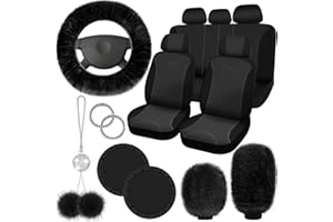 Fulmoon 17 Pcs Car Seat Cover Full Set for Women Fluffy Fuzzy Car Accessories Christmas Front Rear Steering Wheel Fleece Handbrake Shift Covers Hanging Accessory Holder Ring Emblem(Black)