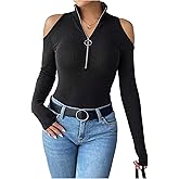SweatyRocks Women's Quarter Zip Pullover Sweatshirts Fall Cold Shoulder Long Sleeve Collared Knit Tops