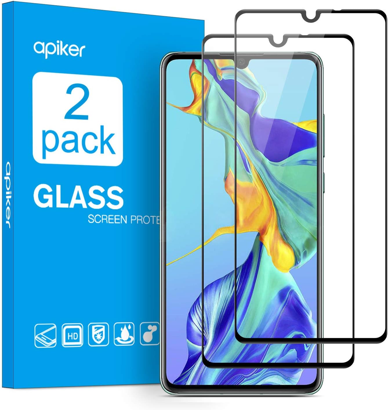 apiker [2 Pack Compatible for Huawei P30 Screen Protector 6.1 Inch, Full Coverage Tempered Glass with 9H Hardness, Anti-scratch, Anti-oil, Anti-bubbles, 2.5D Round Edge, Easy Installation