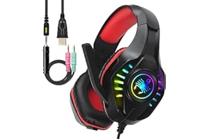 SVYHUOK Pro Gaming Headset for PC PS4 Xbox One Surround Sound Over-Ear Headphones with Mic LED Light Bass Surround Soft Memory Earmuffs for Computer Laptop Switch Games Kid’s Boy’s Teen’s Gifts