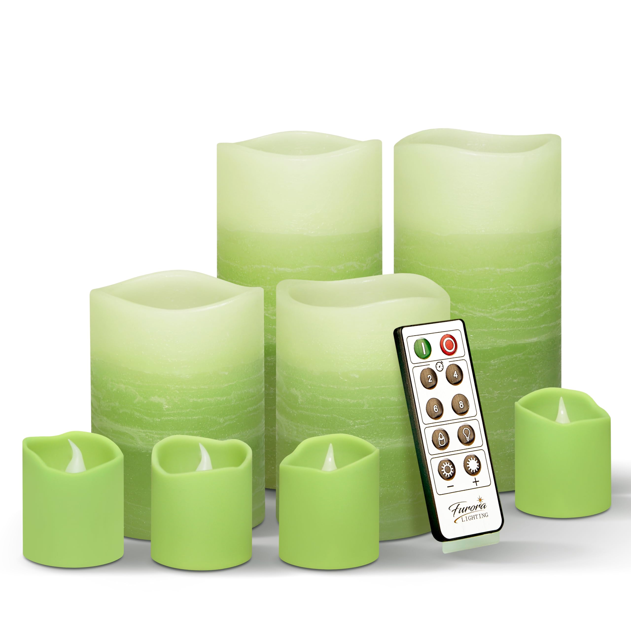 LED Flameless Candles Set of 8 Real Wax Candles with Remote Control 10 Keys and Timer 2/4/6/8 Hours (Batteries Included) Green