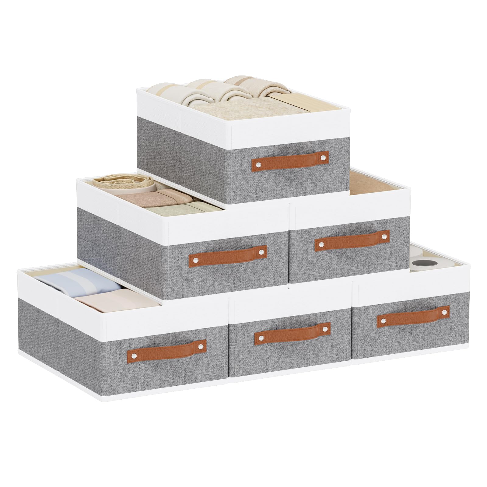 YheenLf Storage Bins, 6-Pack Open Foldable Baskets for Organizing with Handles, Fabric Clothes Boxes for Wardrobe, Closet, White and Grey, 33×23×14cm