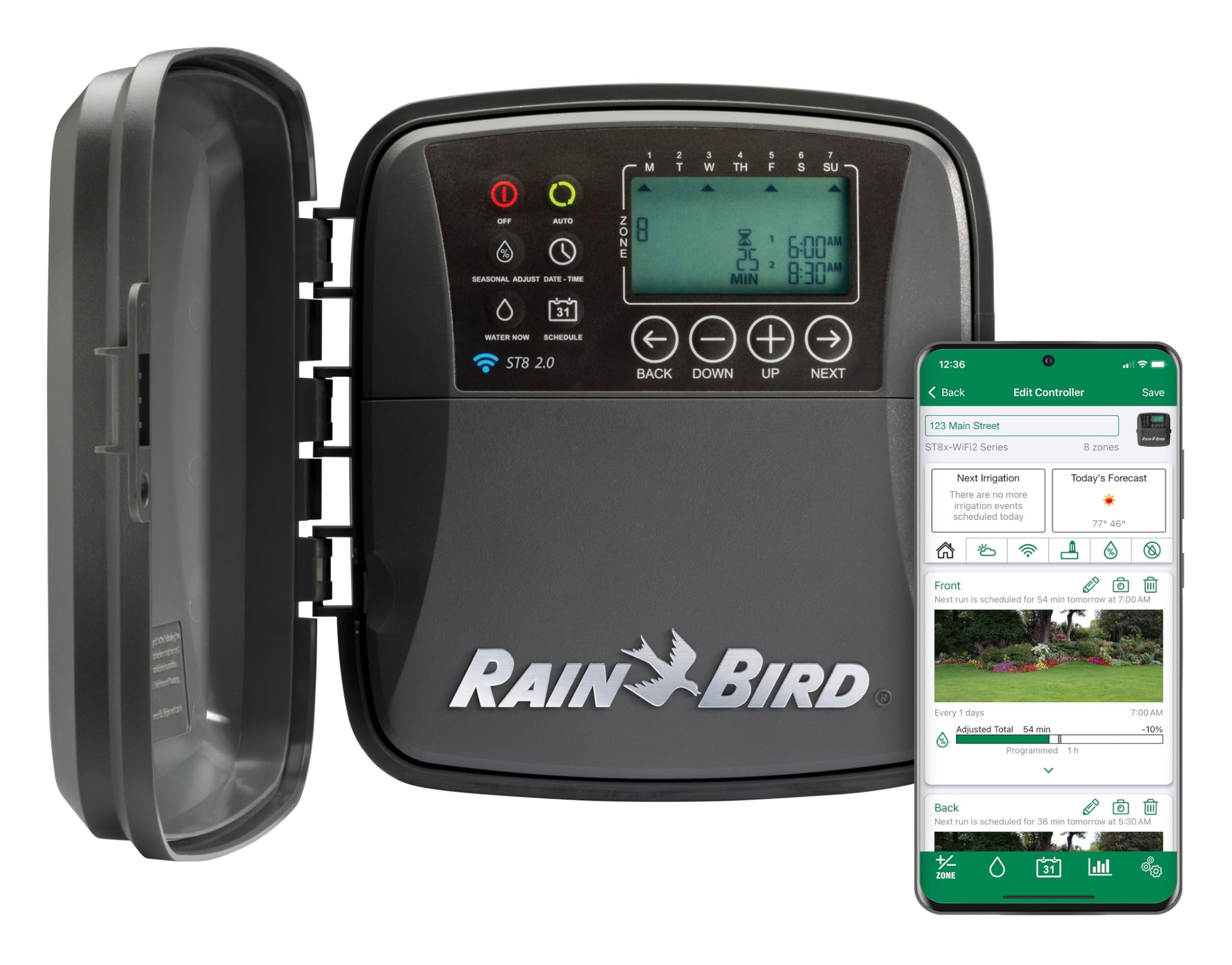 Photo 1 of Rain Bird ST8O-2.0 Smart Indoor/Outdoor WiFi Sprinkler/Irrigation System Timer/Controller, WaterSense Certified, 8-Zone/Station, Compatible with Amazon Alexa,Grey/Black