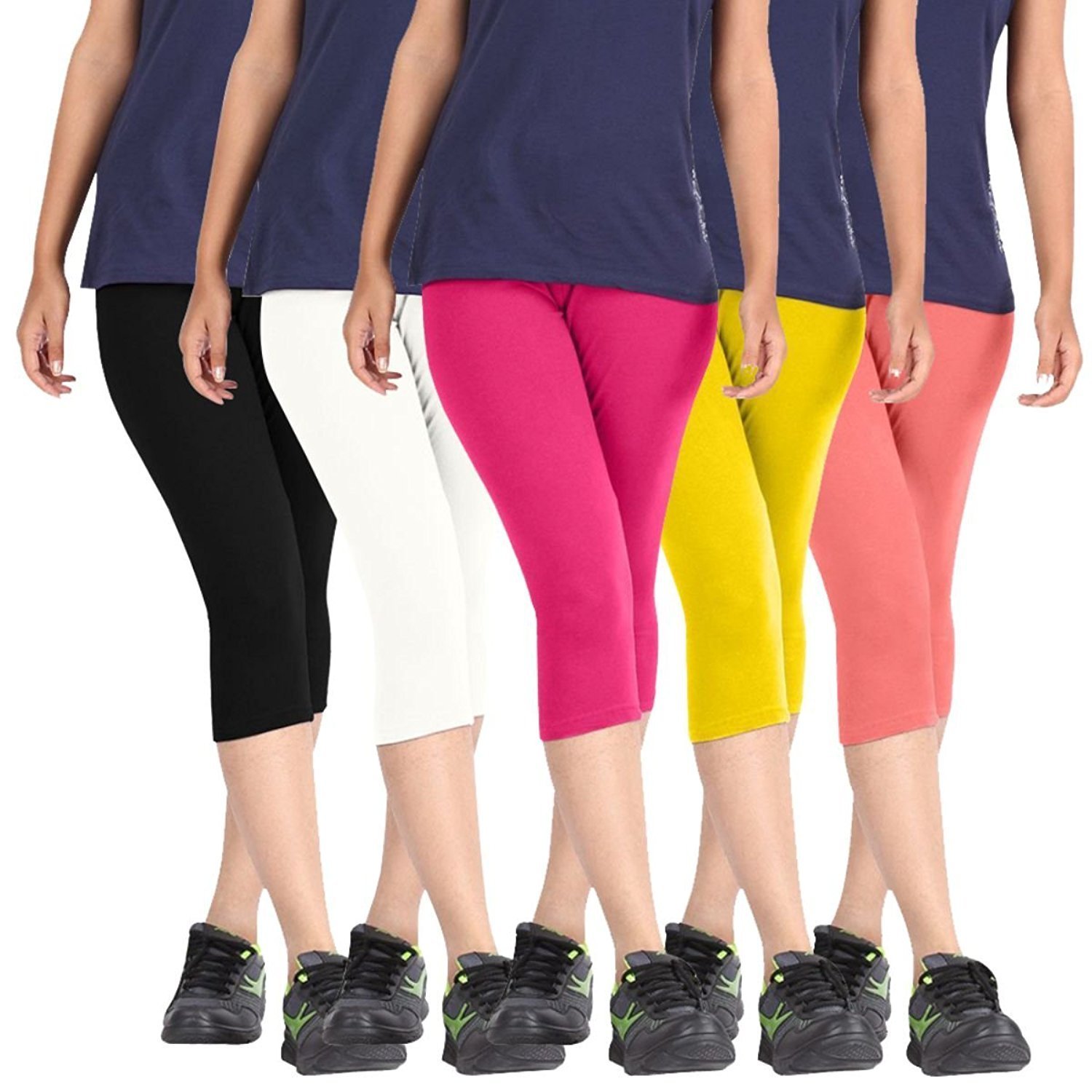 rooliums &reg; (brand factory outlet) womens super fine cotton capri combo pack of 5, 4 way, bio-washed 220 gsm - free size (black, white, pink, yellow and baby