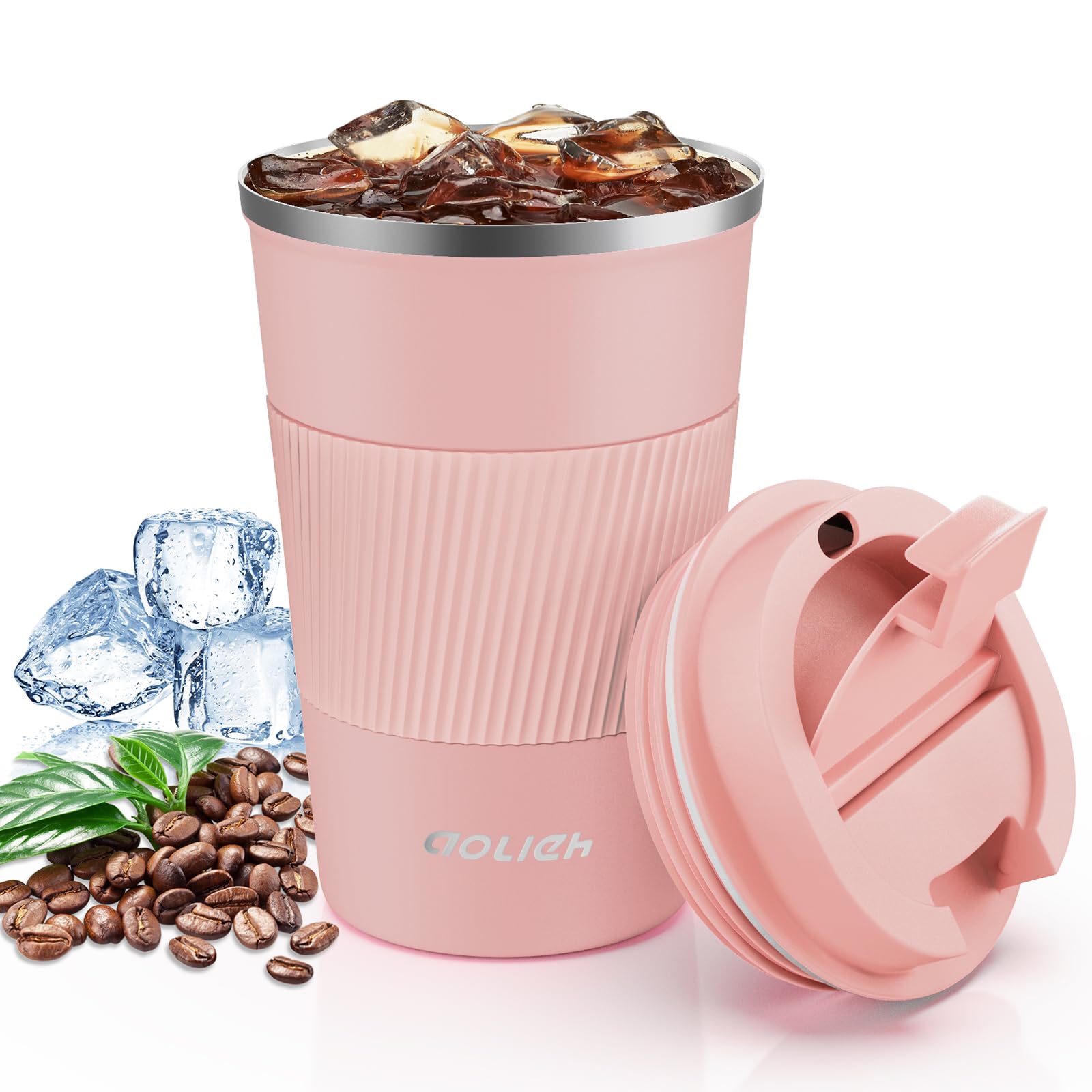 Aolieh Travel Mug 380 ml, Insulated Coffee Cup with Lid, Reusable Stainless Steel Thermal Cup for Coffee, Tea & Cold Drinks, Leak-Resistant Double-Walled Travel Mug, Coral Pink