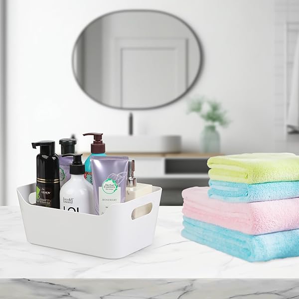 TIAWUDI 12 PACK STORAGE BINS, PLASTIC STORAGE CONTAINERS, MULTI-USE WHITE ORGANIZER BINS FOR CABINET, PANTRY, DRAWER, CLOSET, COUNTERTOP OR SHELVES