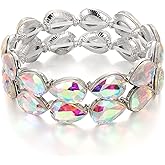 BriLove Wedding Bridal Elegant Crystal Double Row Teardrop Cluster Stretch Bangle Bracelet for Bride