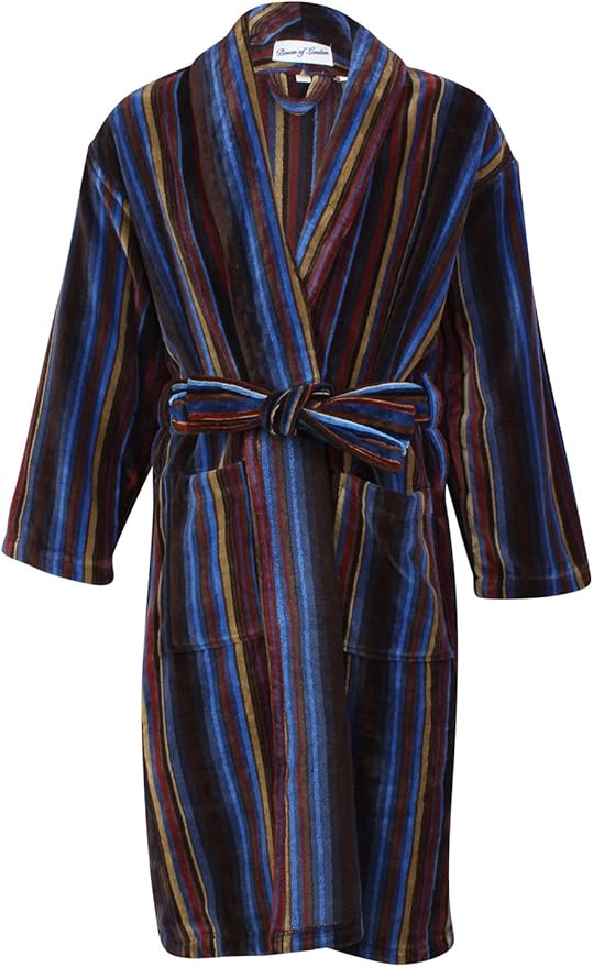 Bown of London, Men's Velour Dressing Gown, Bruges, Blue/Fawn Stripes