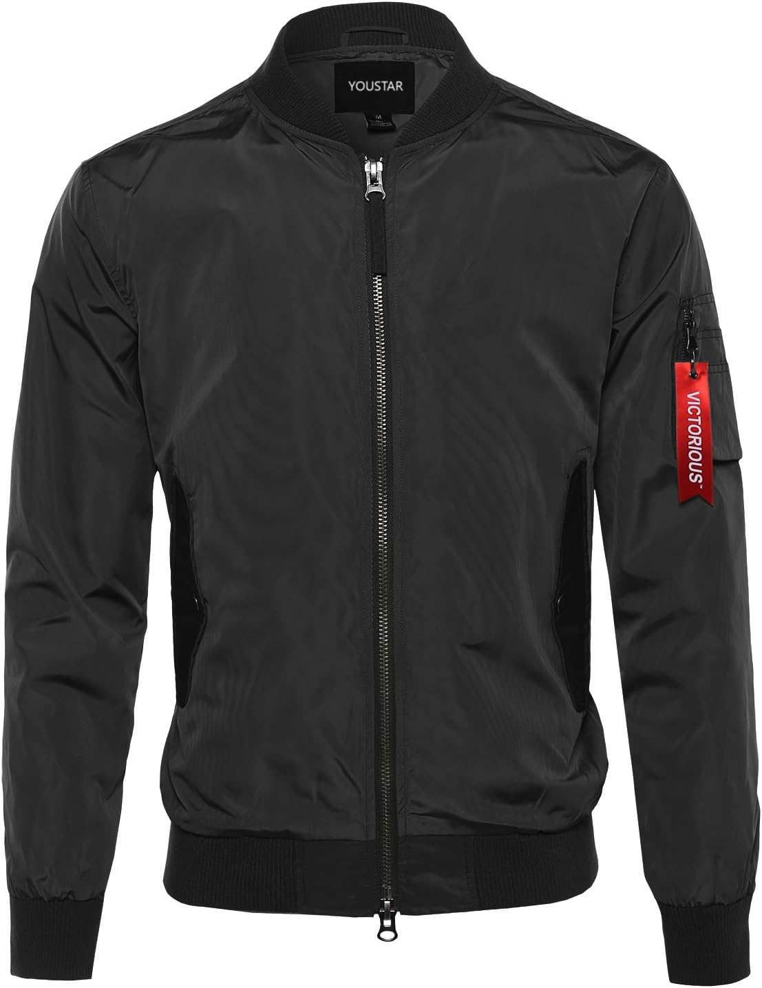 Classic Basic Style Zip Up Sleeve Pocket Bomber Jacket Black L