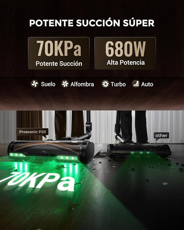 Aspiradora sin Cable 70Mins/70kPa/680W, Autoportante y Plegable, con Cepillo Anti-Enredo y Depósito de Agua, Escoba Aspiradora sin Cable para Pelo de Mascotas/Suelos/Alfombras