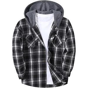 bawilom Mens Plaid Hooded Flannel Shirt Jacket Button Down Shacket | Plaid Hooded Shirt Jacket Button Front Chest Pockets Dra