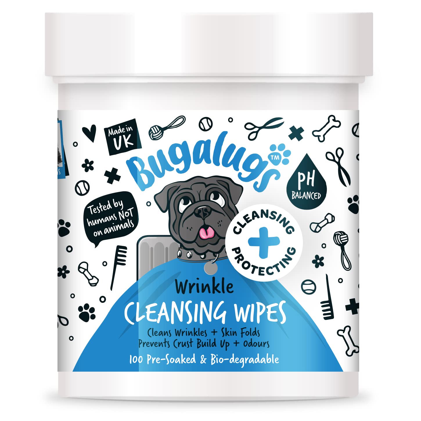 BUGALUGS Wrinkle Dog Wipes for pawly skin - 100 Biodegradable dog grooming pet wipes. Use as Dog ear wipes, dog eye wipes, dog face wipes, Paw & Bum wipes for puppy, dogs & cat grooming
