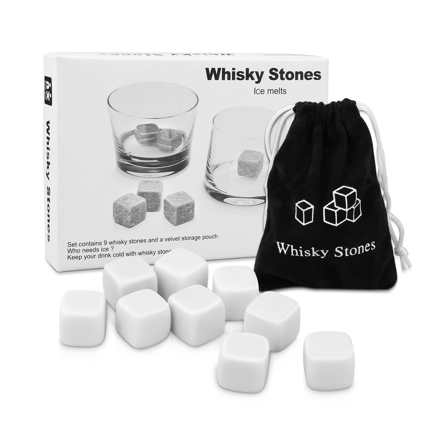 Whisky Stones, Proking 9 Pcs Gift Set Whisky Rocks Chilling Stones Reusable Granite Ice Cubes, Scotch Whisky Drinks Beer Wine Cooler, Best Gift For Whiskey Drinker, Husband, Dad, Men (white)