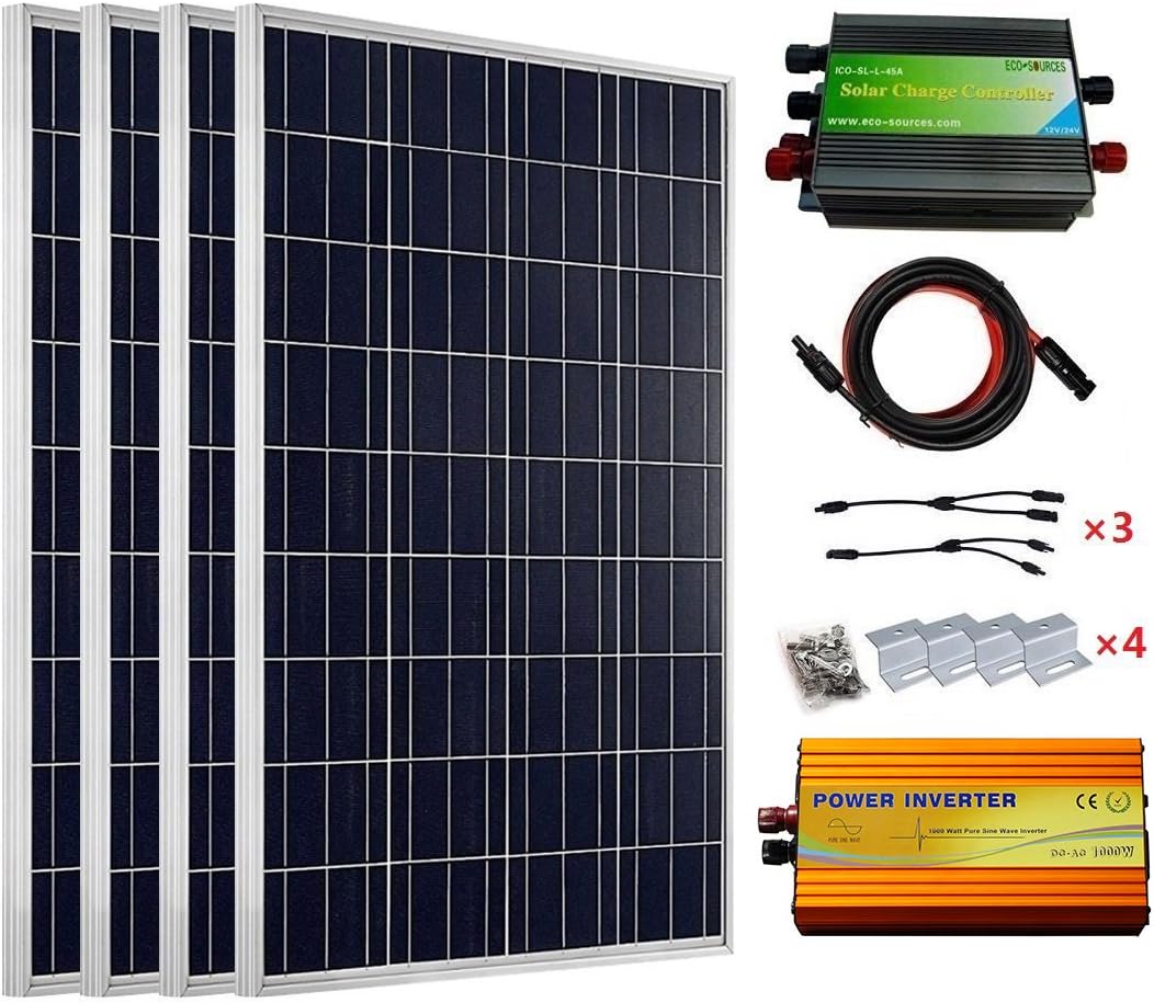 ECOWORTHY 400 Watt 12V Solar Panels Complete Kits: 4pcs 100W Solar Panel + 1000W 12V-220V Inverter + 45A PWM Charge Controller