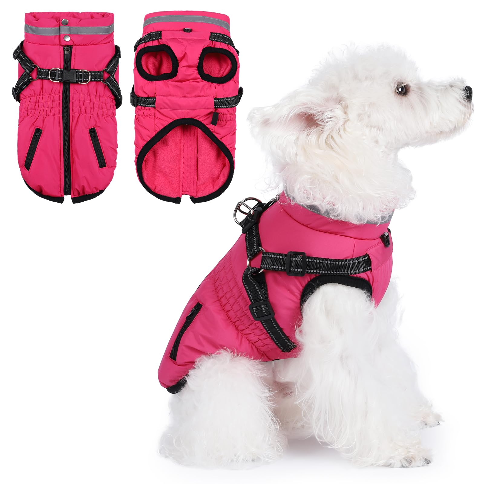 Dog Coat With Harness - Waterproof Winter Jacket for Small Medium Large Dogs, Warm Cold Weather Coat With Built-In Harness (rose red, XL) — image 1