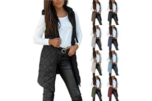 Warm Winter Vests for Women Midi-Long Fashion Plain Quilted Jackets Sleeveless Lapel Neck Waistcoat with Zip Up Pocket