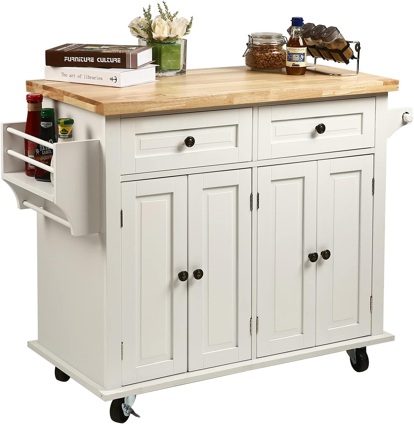NSdirect Kitchen Island Cart,Kitchen Bar&Serving Cart Rolling on Wheels with Spice Rack Towel Holder Utility Storage Trolley with Storage Drawers for Home Hotel Kitchen Dinning Room,Soild Wood Top