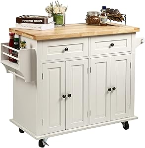 NSdirect Kitchen Island Cart,Kitchen Bar&Serving Cart Rolling on Wheels with Spice Rack Towel Holder Utility Storage Trolley with Storage Drawers for Home Hotel Kitchen Dinning Room,Soild Wood Top