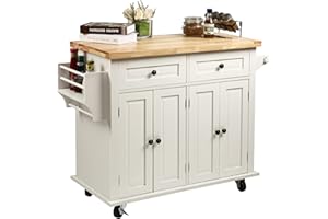 NSdirect Kitchen Island Cart,Kitchen Bar&Serving Cart Rolling on Wheels with Spice Rack Towel Holder Utility Storage Trolley with Storage Drawers for Home Hotel Kitchen Dinning Room(White)