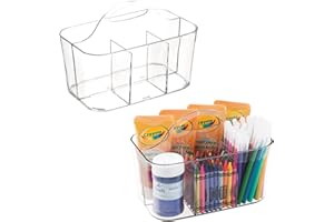 mDesign Plastic Portable Craft Storage Organizer Caddy Tote, Divided Basket Bin with Handle for Crafts, Sewing, Art Supplies - Holds Brushes, Colored Pencils - Lumiere Collection - 2 Pack - Clear