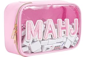 RSRSLEII Waterproof Empty Mahjong Tiles Bag,Suitable for 1.2 "(30mm) Standard Size American Mahjong Tiles,Clear Embroidery Letters Mahjong Tile Bag with Zipper,PVC Mahjong Case,Case Only (01Pink)