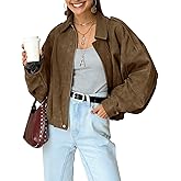 Kissonic Women's Oversized Jackets Faux Suede Bomber Jacket Lapel Pilot Cropped Casual Coat for Streetwear Outerwear