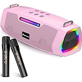 Karaoke Machine with Two Wireless Microphones - Portable 60W Powerful Bluetooth Speaker, Long Battery Life for Outdoor & Family Party, RGB Lights, PA System for Girls, Young Women - Pink