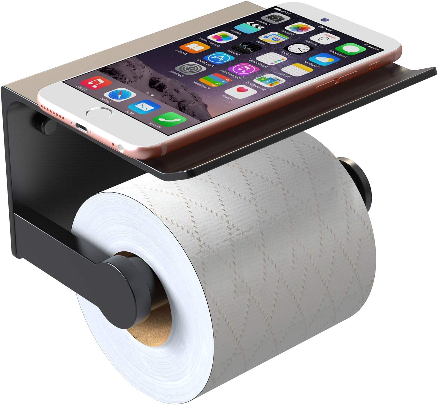 Vdomus Toilet Paper Holder with Phone Holder, Aluminium Rust Proof, Easy Wall Mounted with Integrated Phone Shelve for House, Apartment, RVs, Matte Black