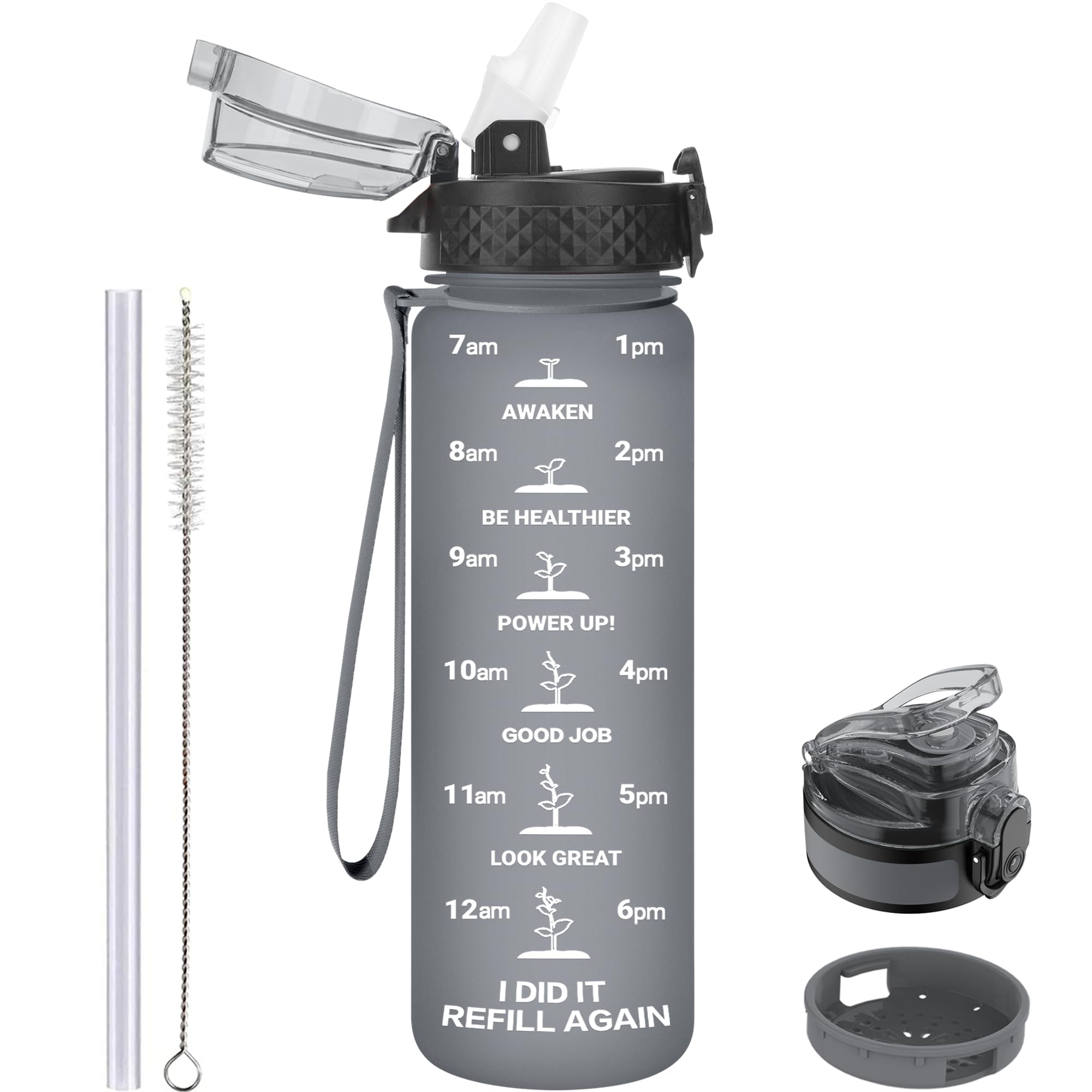 GOPPUS 500ml/17oz Kids Water Bottles with Straw Tritan Childrens Bottle with Flip Top Lid BPA Free Measured Drinks Bottle with Strap Sports Reusable Time Markings Leakproof (Gray)