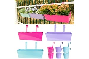 LOVOUS 3 Pcs 16 Inch Railing Planter and 6 Pcs 5 Inch Hanging Flower Pots with Detachable Hooks for Balcony Fence Garden Yard Patio Porch Home Decor