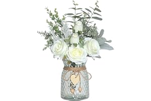 VIERENA Faux Flowers with Vase,Artificial Silk Roses in Vase, Fake Plant Eucalyptus Flower Arrangement for Home Office Farmhouse Bathroom Dining Table Centerpiece Decorations Coffee Table Decor (White)