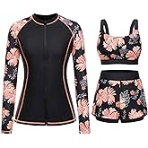 3 Piece Rash Guard for Women - Long Sleeve Swimsuits with Shorts SPF Zip up Swim Shirt with Built in Bra