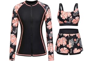 DACI 3 Piece Rash Guard for Women - Long Sleeve Swimsuits with Shorts SPF Zip up Swim Shirt with Built in Bra
