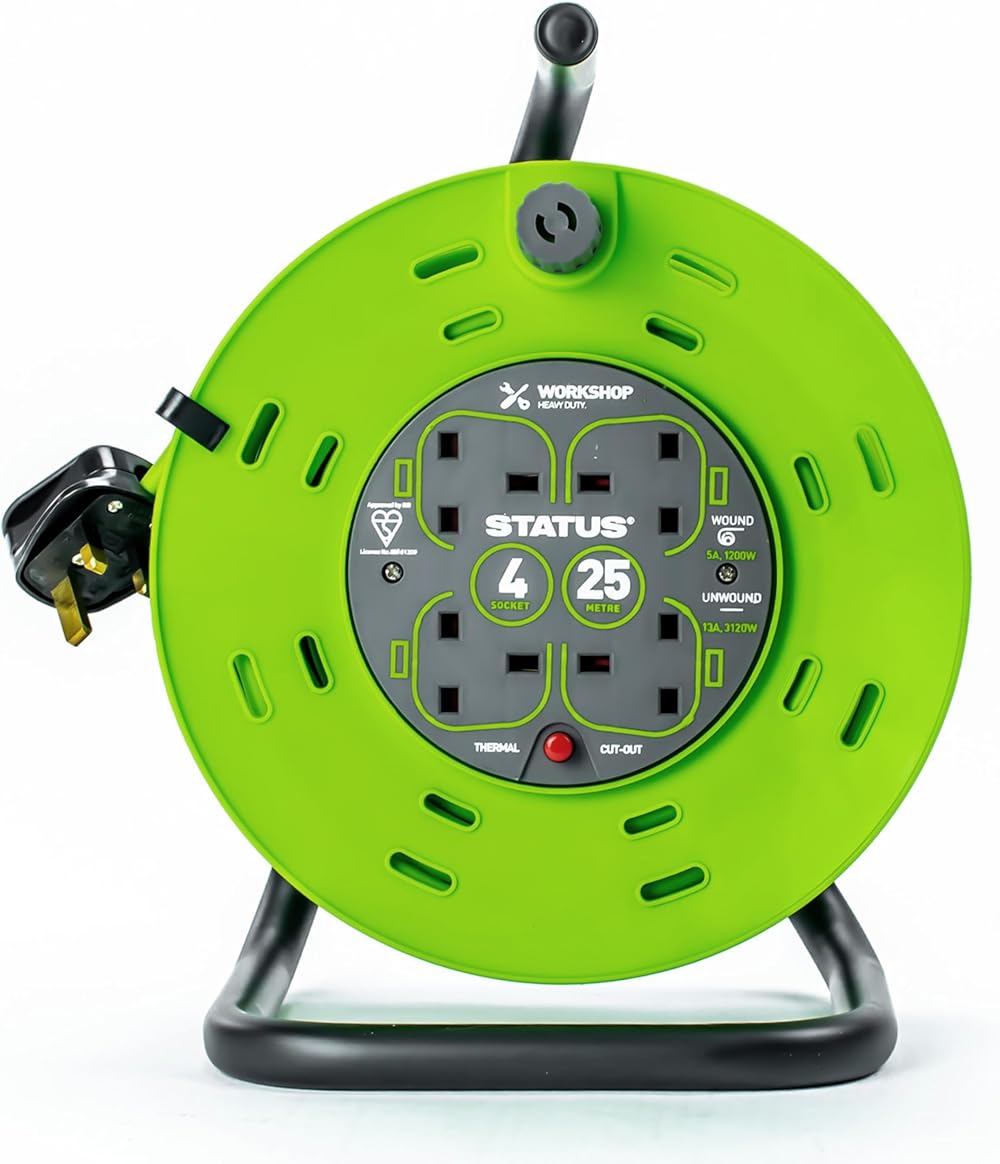 Status 4 Socket Cable Reel 25m Green 13A Outdoor Extension Lead