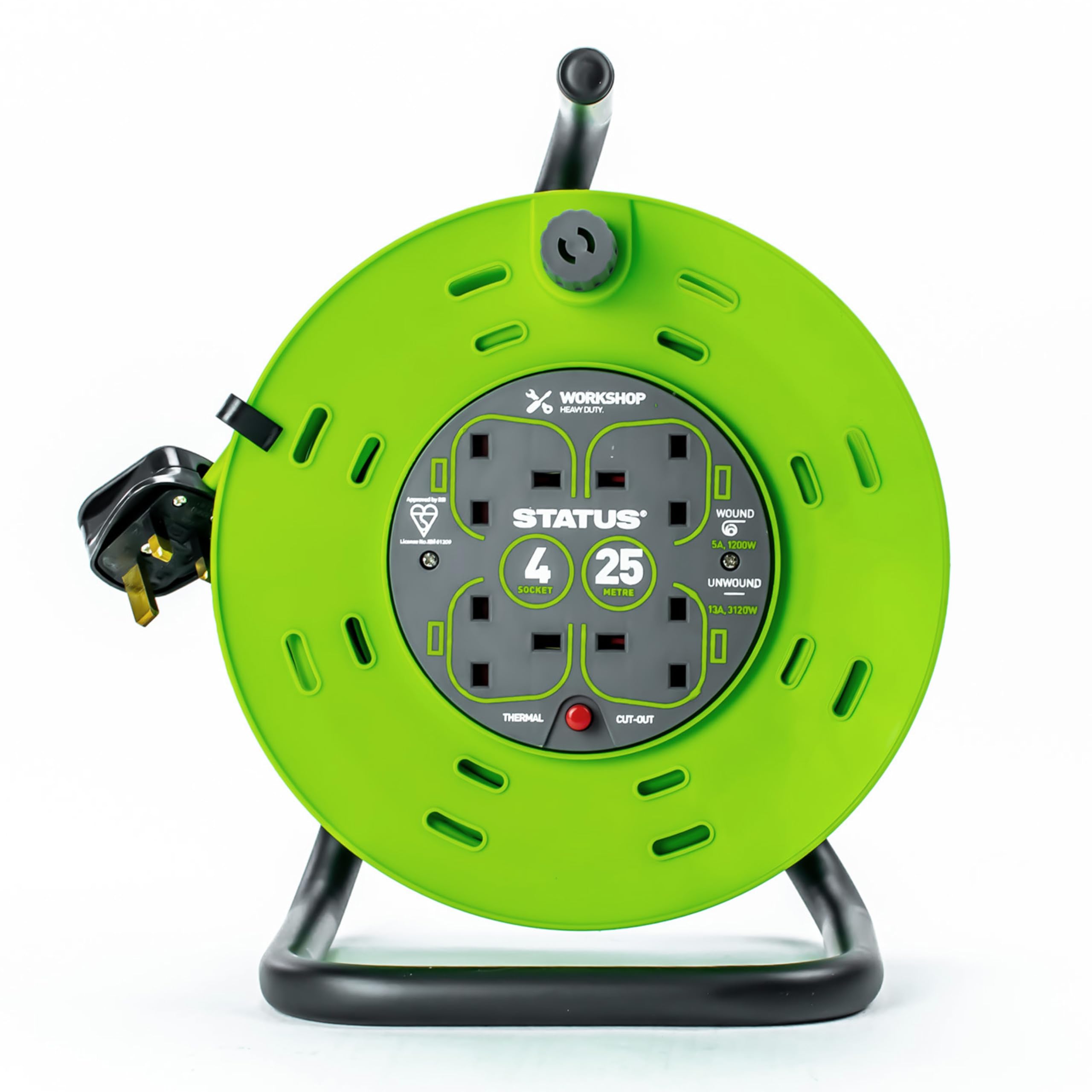 STATUS 4 Socket Cable Reel, 25m, Green, 13 Amp, Thermal Cut Out, Heavy Duty, Outdoor Extension Lead, Ideal for Garden, Workshop, DIY, Power Tools (S25M13ACR2) — image 1