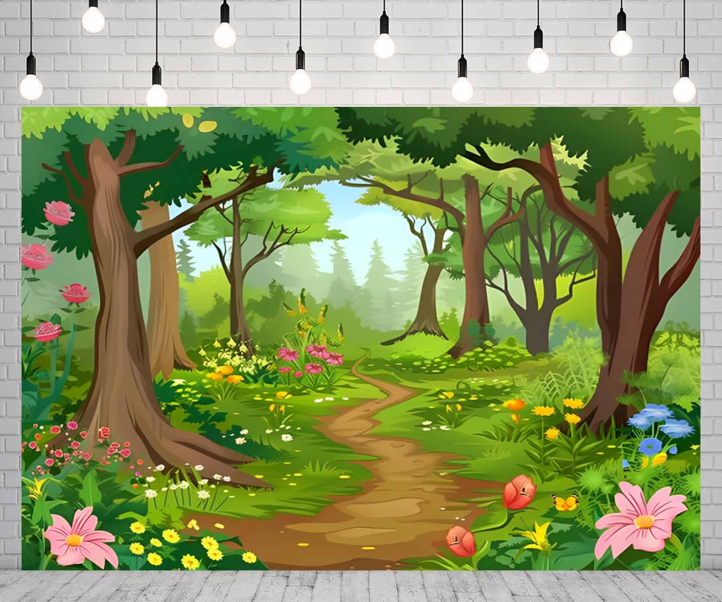 Photo 1 of 7X5 Fabric Cartoon Forest Backdrop Fairytale Green Forest Flowers Wonderland Photography Backdrop for Baby Shower Kids Birthday Party Decor Photo Studio Props