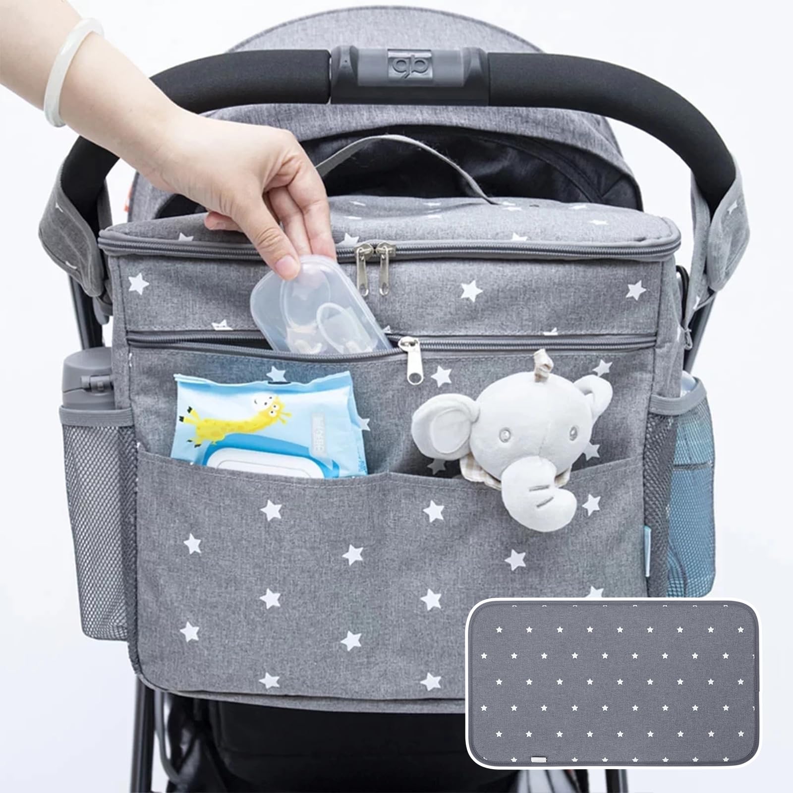 Orzbow Large Pram Bag, 22L Stoller Organiser with Cup Holder, Multifunctional Buggy Bag with Removable Divider, Universal Fit, Adjustable Shoulder Strap, Extra 2 Hooks & Changing Mat, Grey
