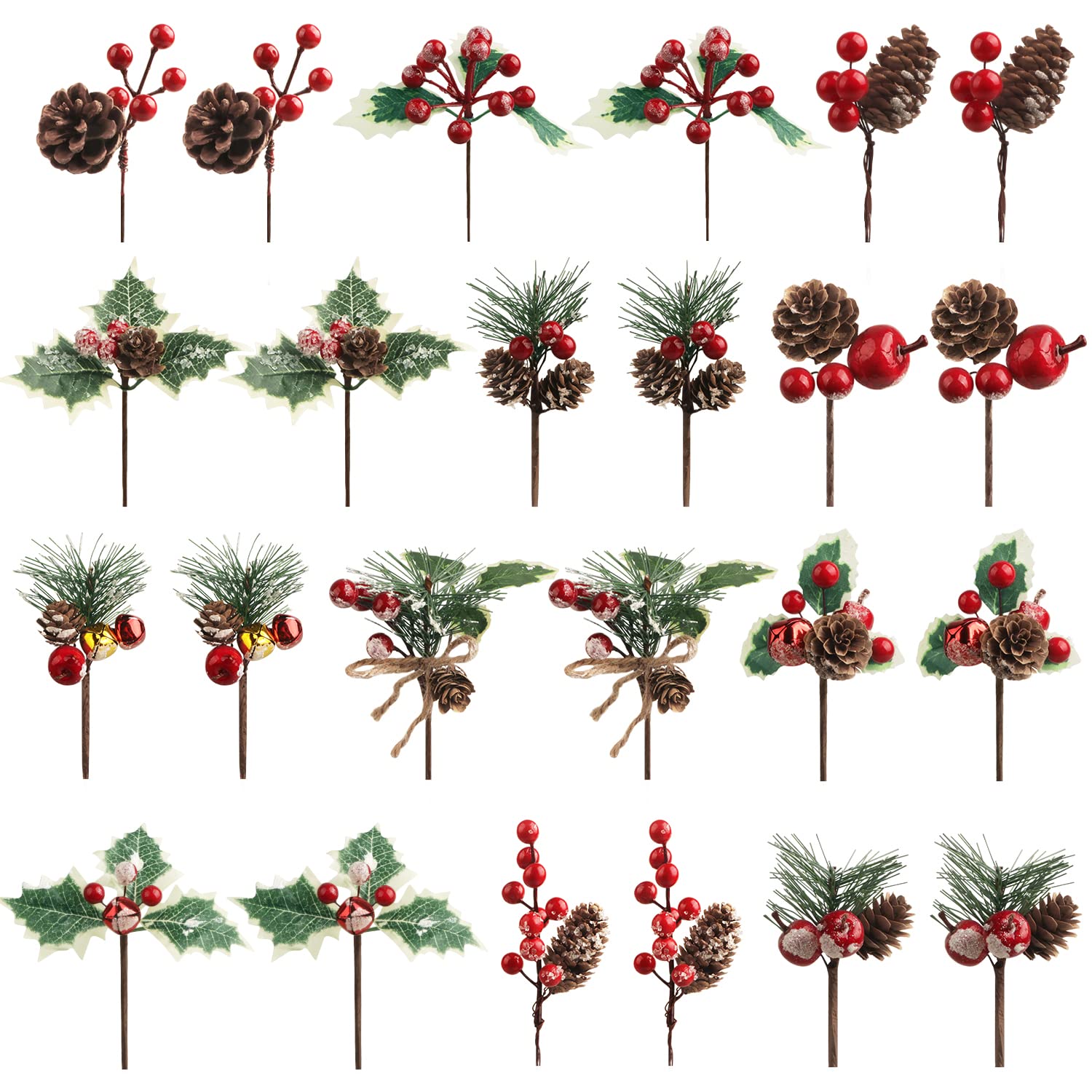 Songjum 24 Pcs Artificial Christmas Pine Picks Christmas Berries Artificial Stem with Pinecones Apples Bells Christmas Flower Picks for Christmas Tree Wreath Arrangement Winter Holiday Decor