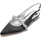 Hyinlays Women's Closed Toe Wedding Flats Slingback Pump Shoes for Bride Satin Crystal Pointed Toe Formal Party Flat Sandals