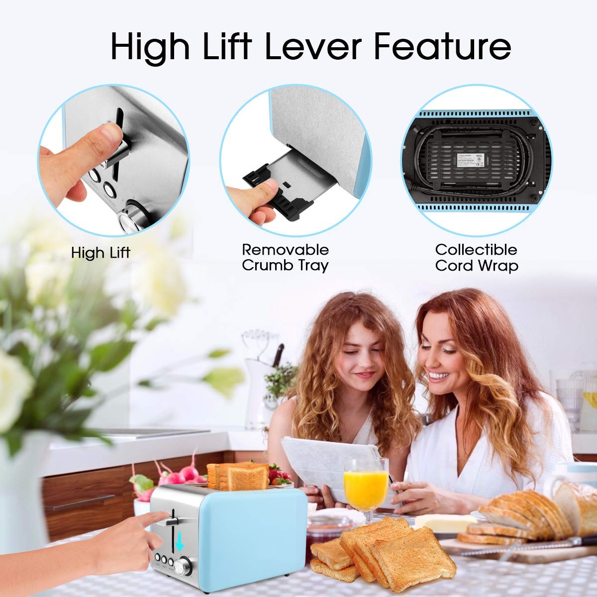 MKG 2 Slice Toaster, Stainless Steel Bagel Toaster with Extra Wide Slots, 6 Shade Settings, Bagel/Defrost/Cancel Function, Removable Crumb Tray, High Lift Lever, Blue